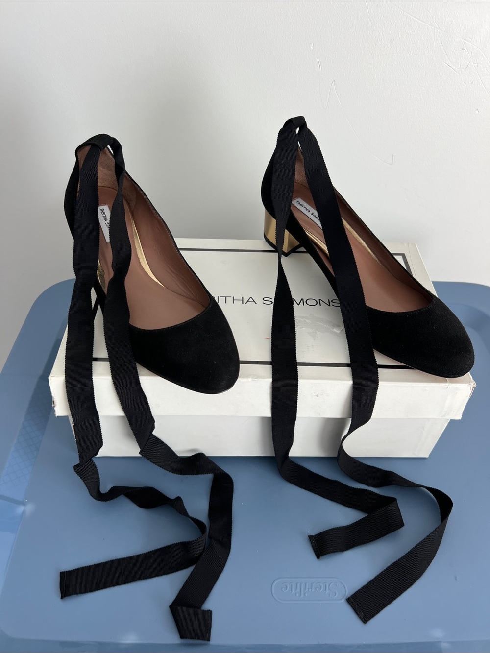 Tabitha Simmons black suede block low heels with ribbon wrap around ankle bows